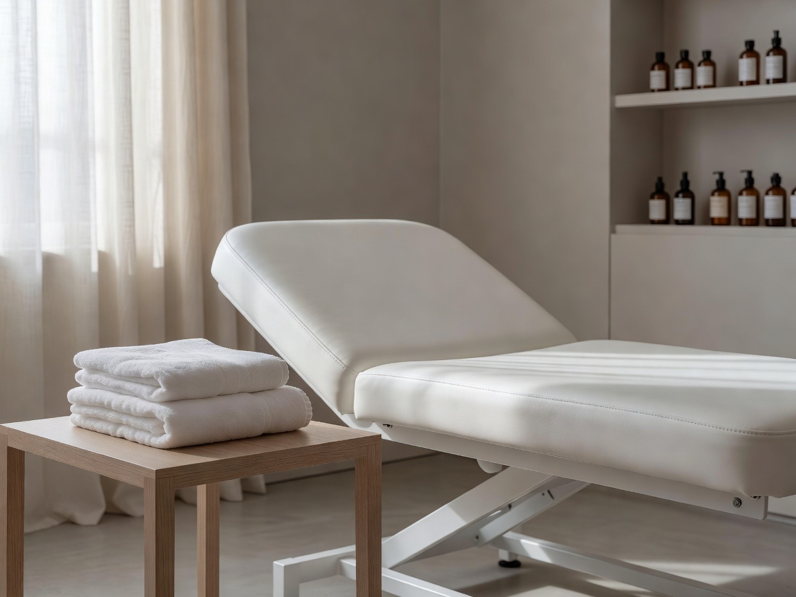 Beauty treatment room with a professional bed, towels and soft natural lighting