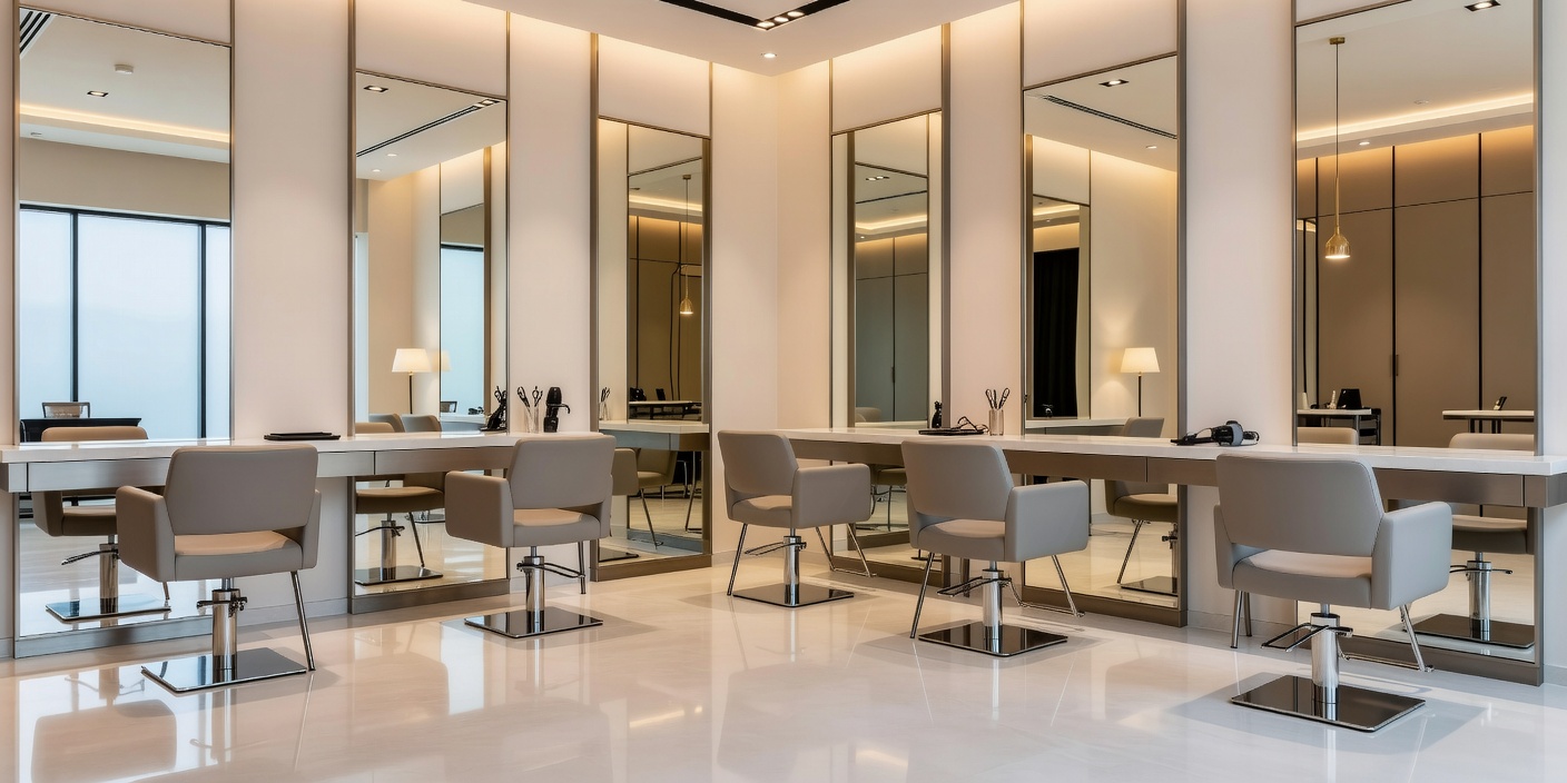 Bright contemporary salon floor with mirrors, styling chairs and warm interior lighting