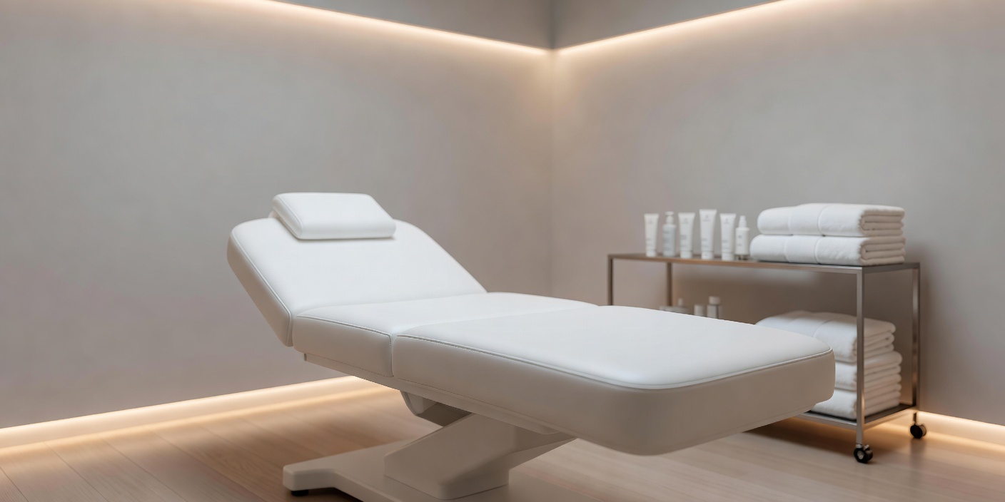 Calm beauty treatment room with a professional treatment bed and soft lighting