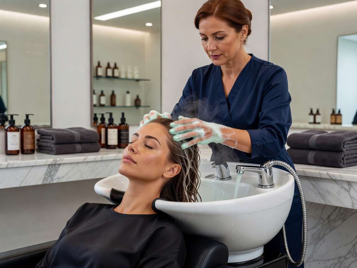 Client having hair washed at a salon basin before a conditioning treatment