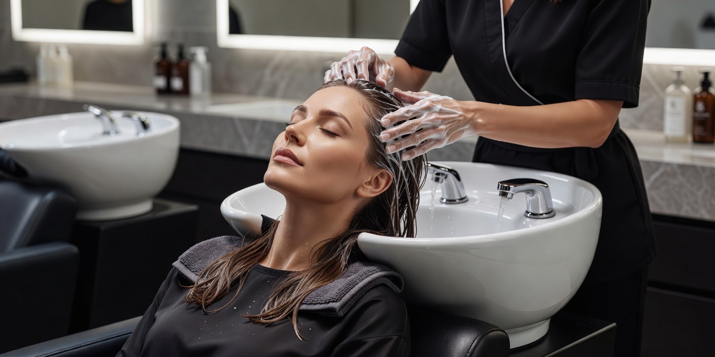 Client receiving a hair wash and care treatment at a salon basin