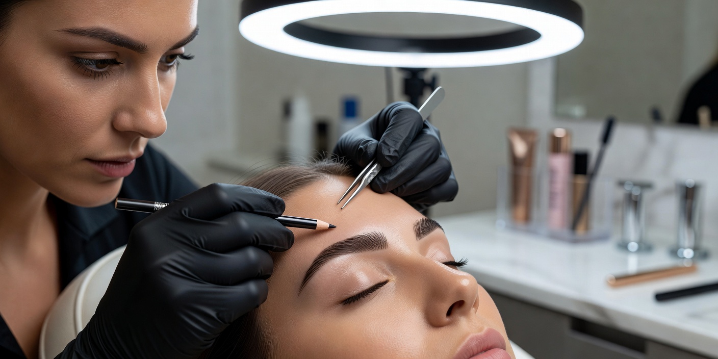 Close view of professional brow styling and grooming in a beauty salon