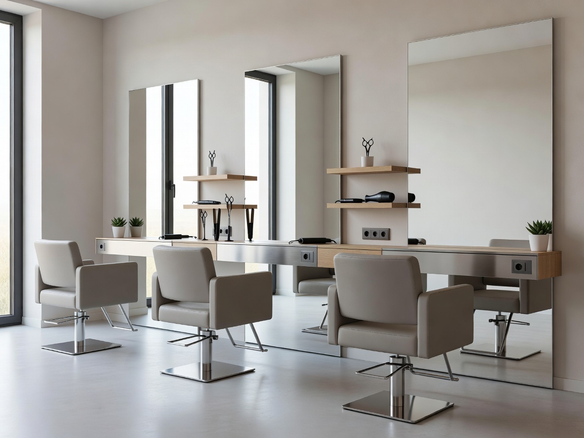 Contemporary European hair salon interior with styling chairs, large wall mirrors, workstations and natural daylight