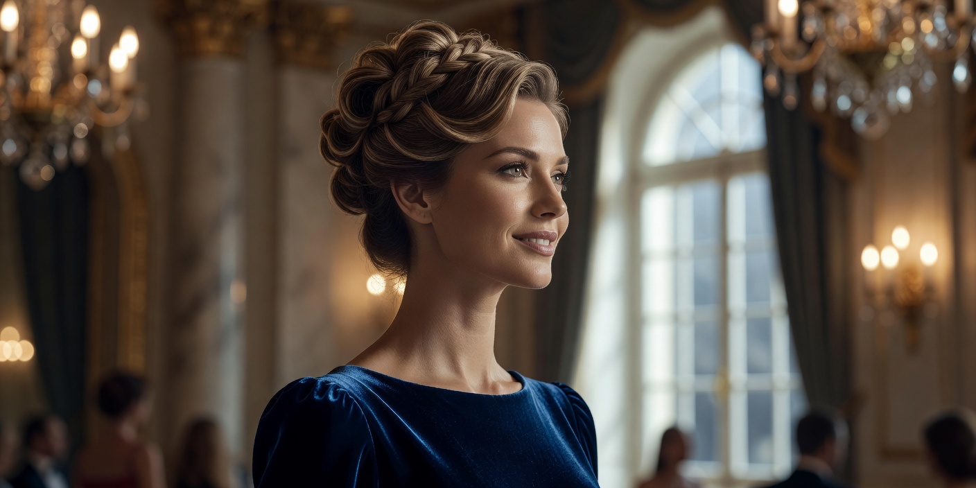 Elegant upstyle occasion hairstyle suitable for a celebration or formal event