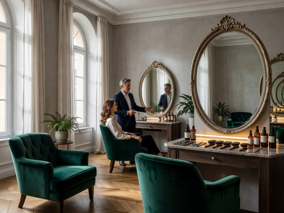 Bright European salon interior used for hair and beauty consultations, with chairs and mirrors