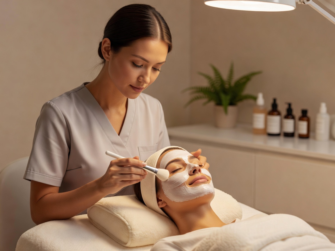 Client receiving a gentle facial treatment on a treatment bed in a quiet beauty room