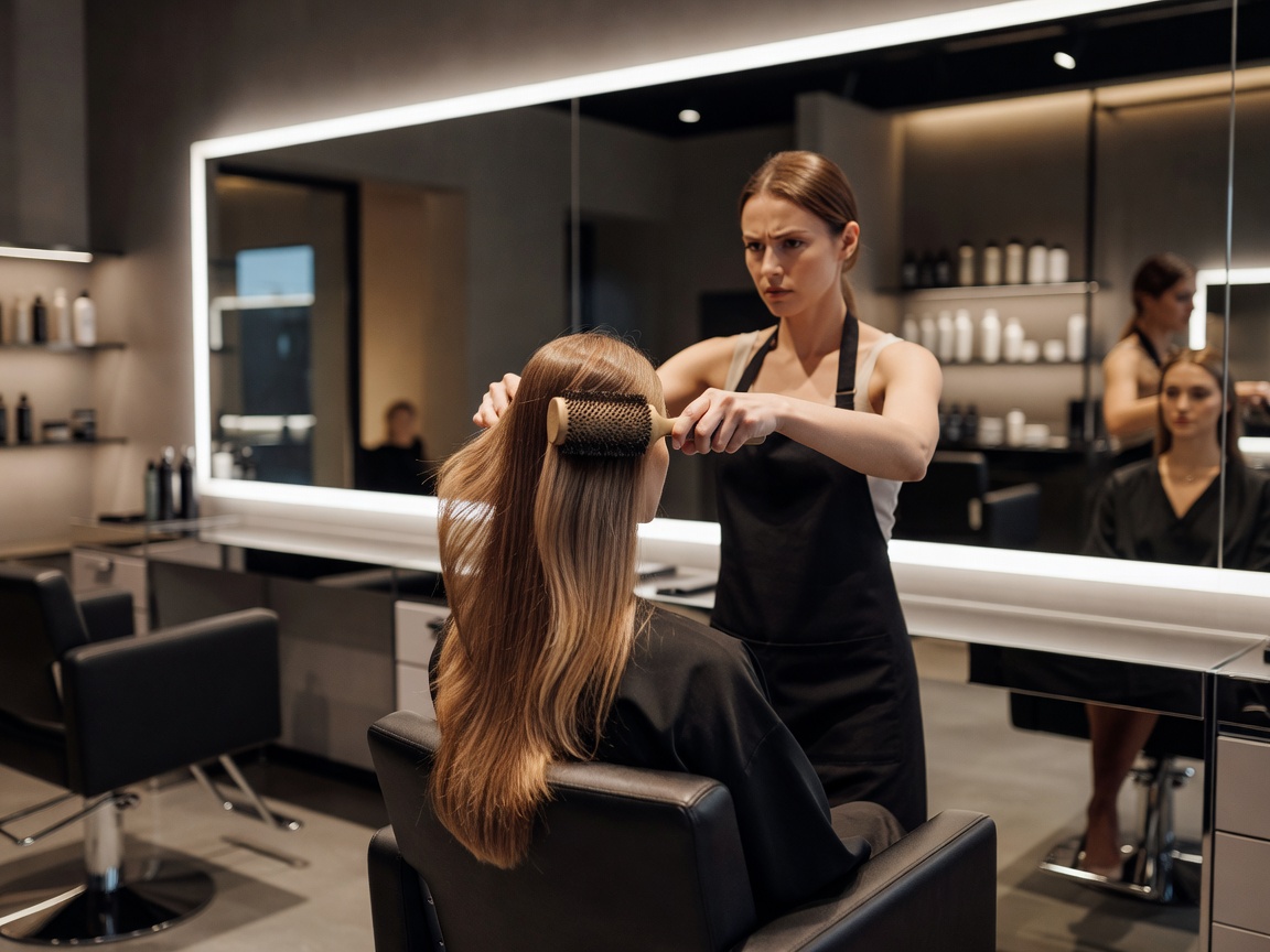 Hair being styled with a brush in front of a large salon mirror