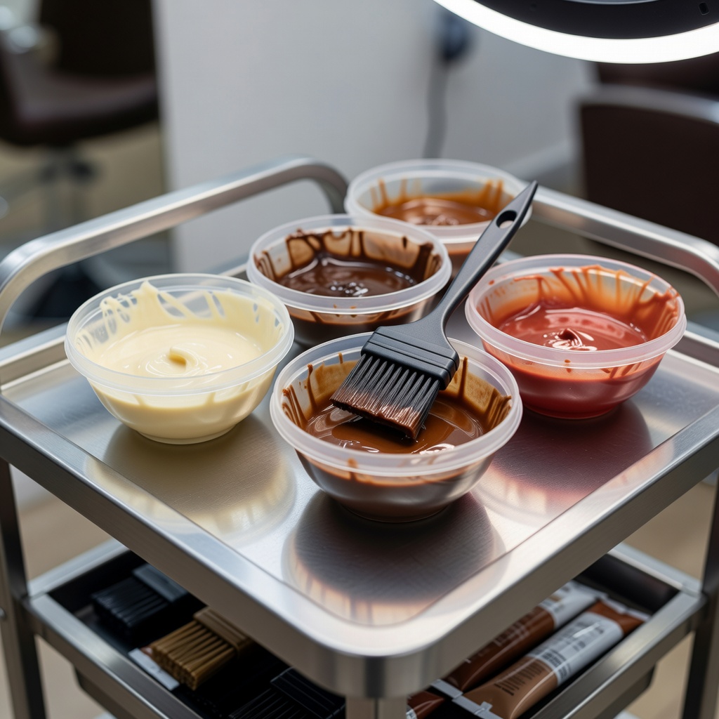 Hair colour mixing bowls and tint brush prepared on a salon trolley
