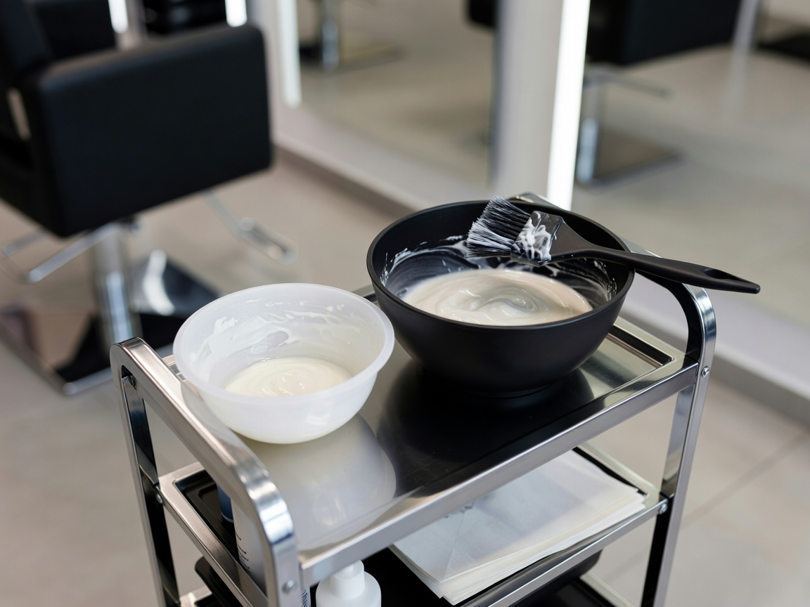 Hair colouring preparation with mixing bowls and a tint brush on a salon trolley