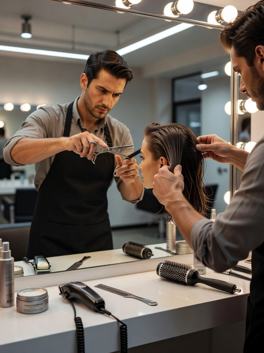 Hair cutting and styling in front of a large salon mirror with realistic tools and hands