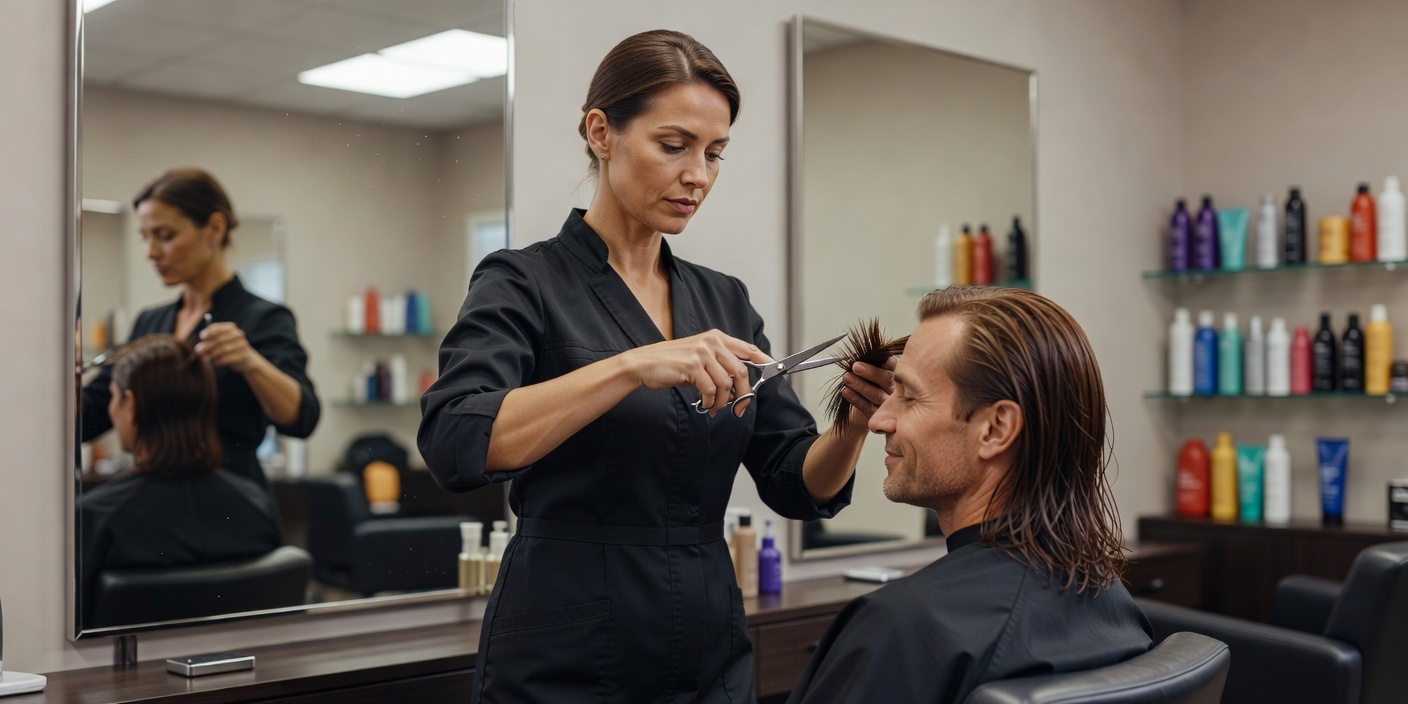 Hairdresser cutting a client's hair with scissors in front of a salon mirror