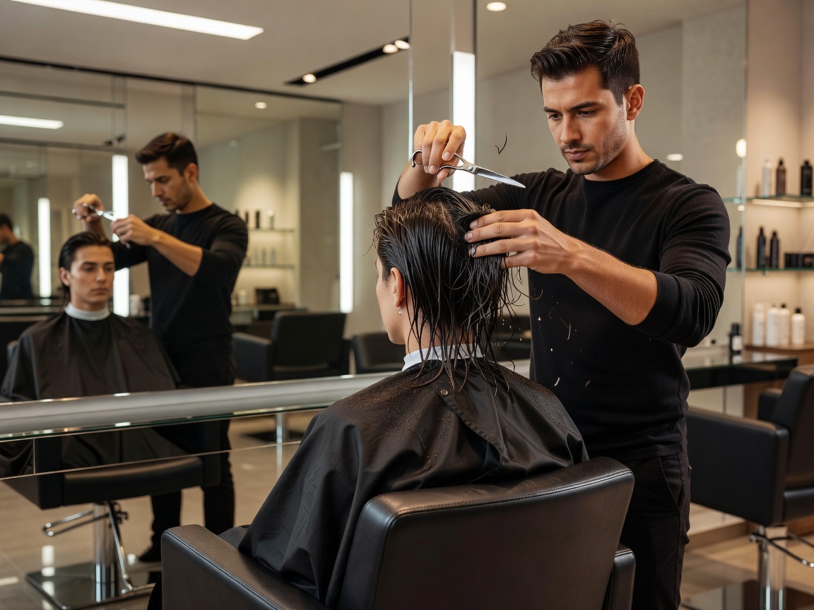 Hairdresser using scissors to cut a client's wet hair in front of a salon mirror