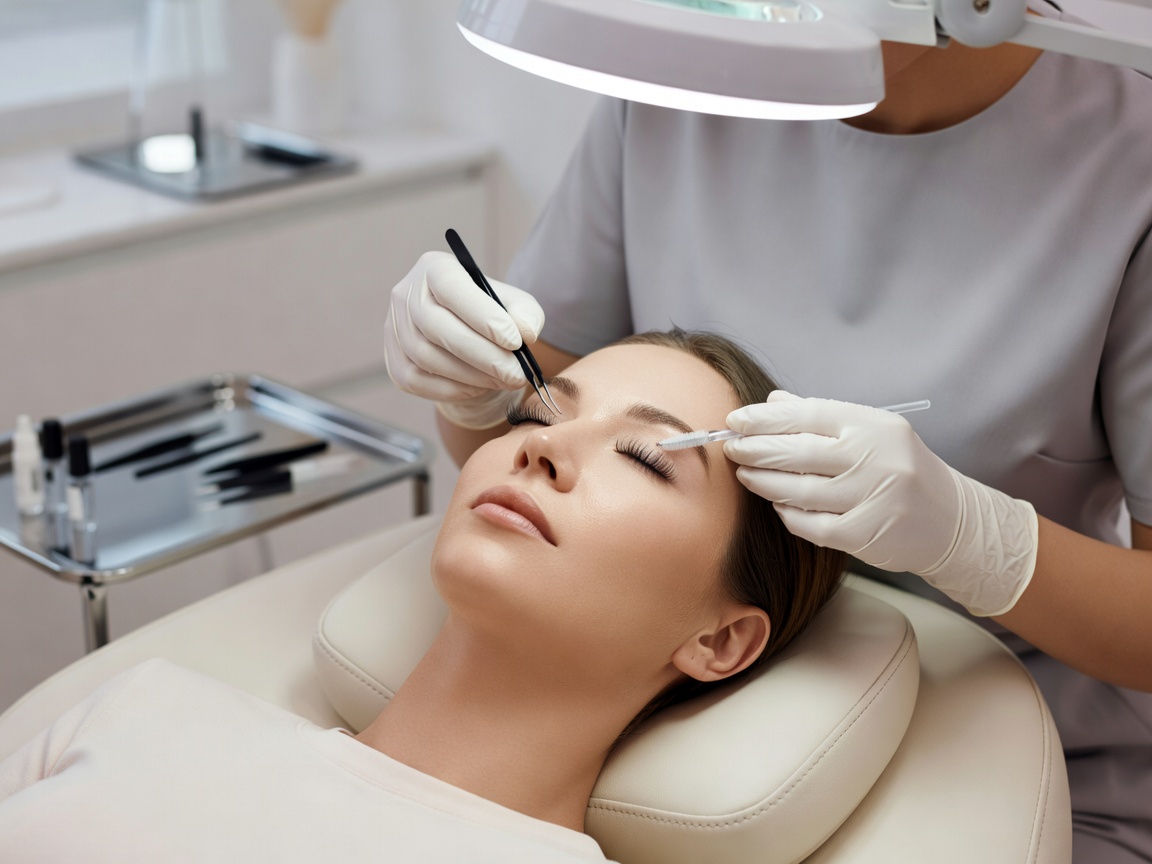 Beauty therapist working on natural lashes during a salon lash treatment