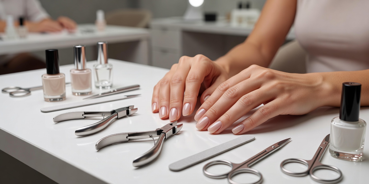 Manicure in a salon with neatly shaped nails and professional nail-care tools