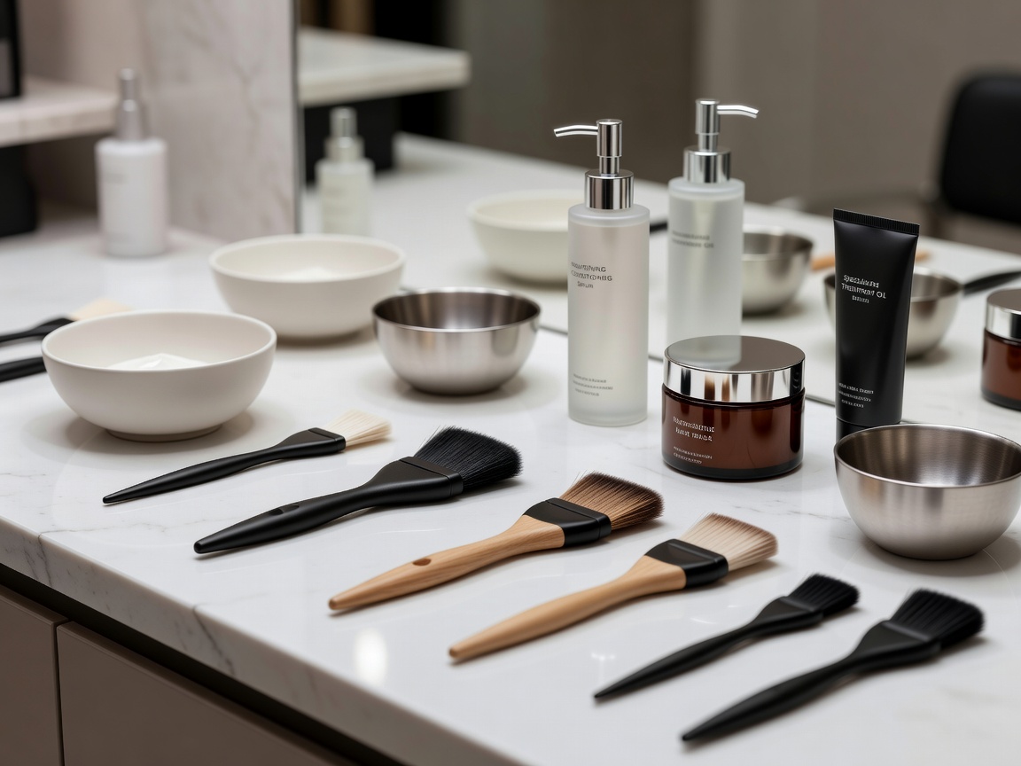 Product preparation with brushes, bowls and salon cosmetics laid out for a treatment