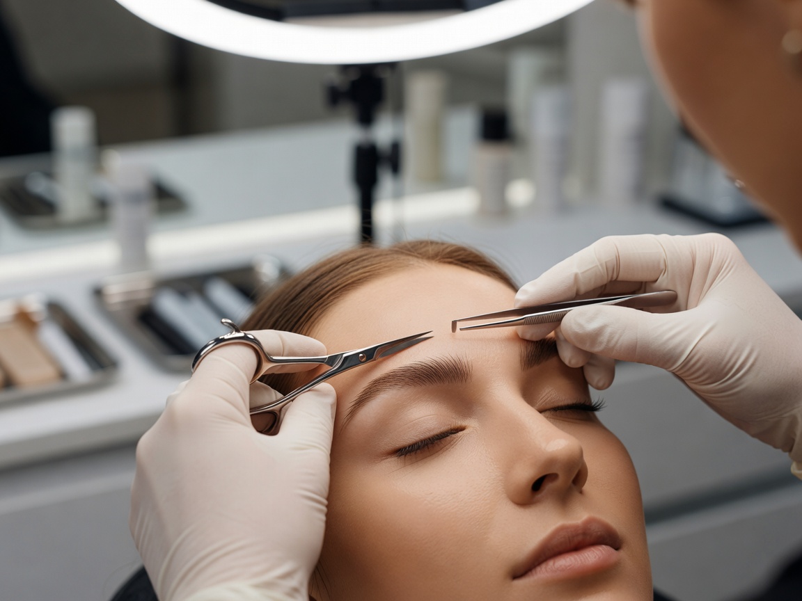 Close photograph of professional brow styling and grooming in a beauty salon