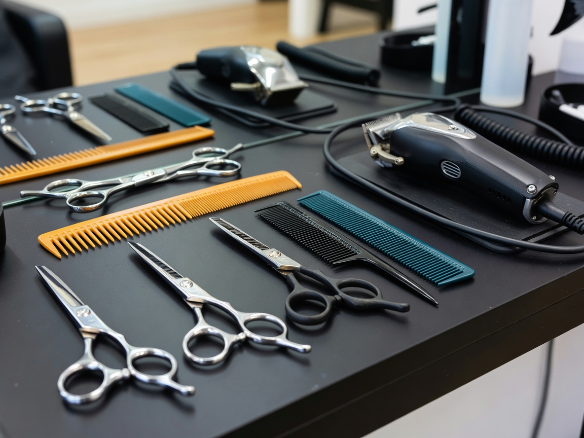 Realistic salon styling tools including scissors, combs and clippers on a workstation