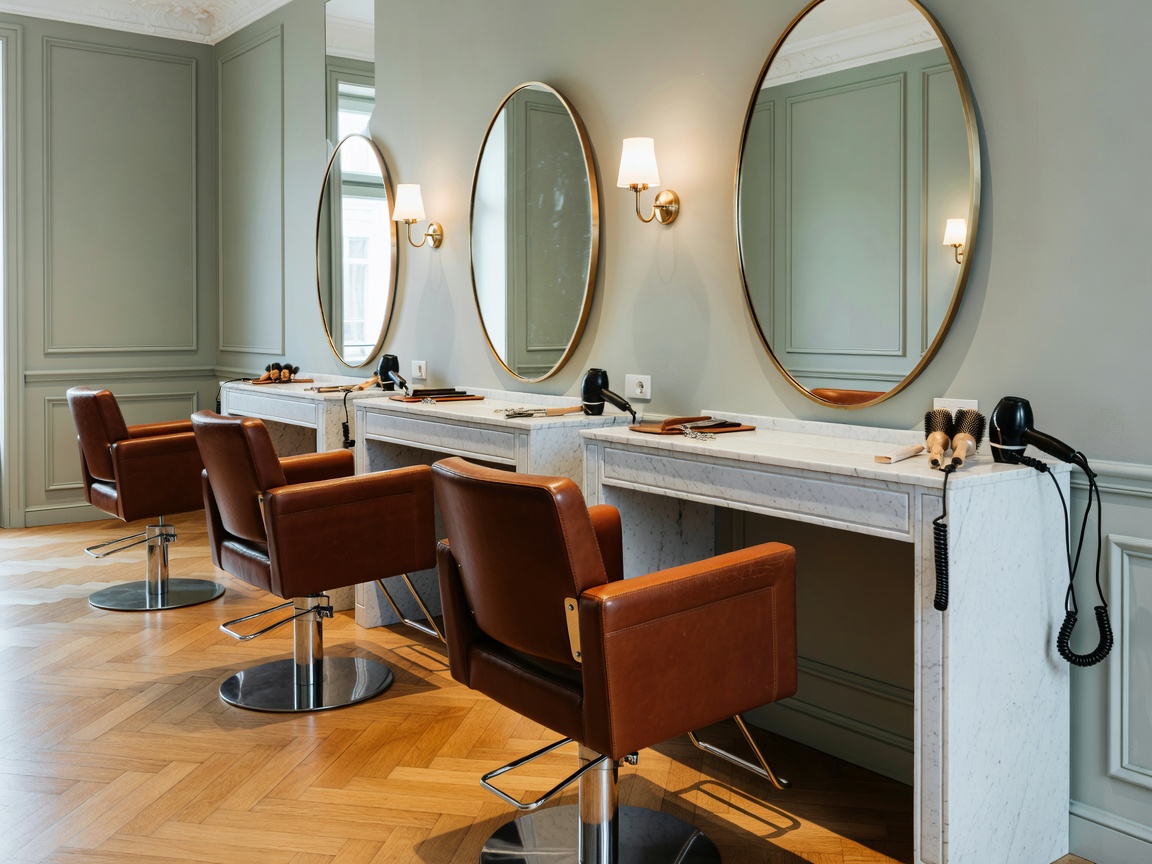 Row of genuine salon styling chairs and stations in a European hair studio