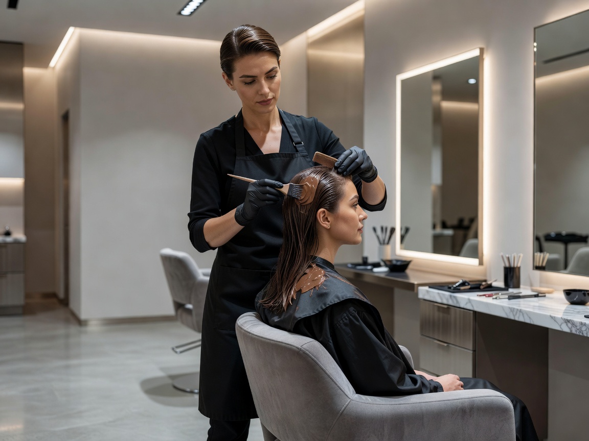 Stylist applying hair colour to a seated client in a contemporary salon