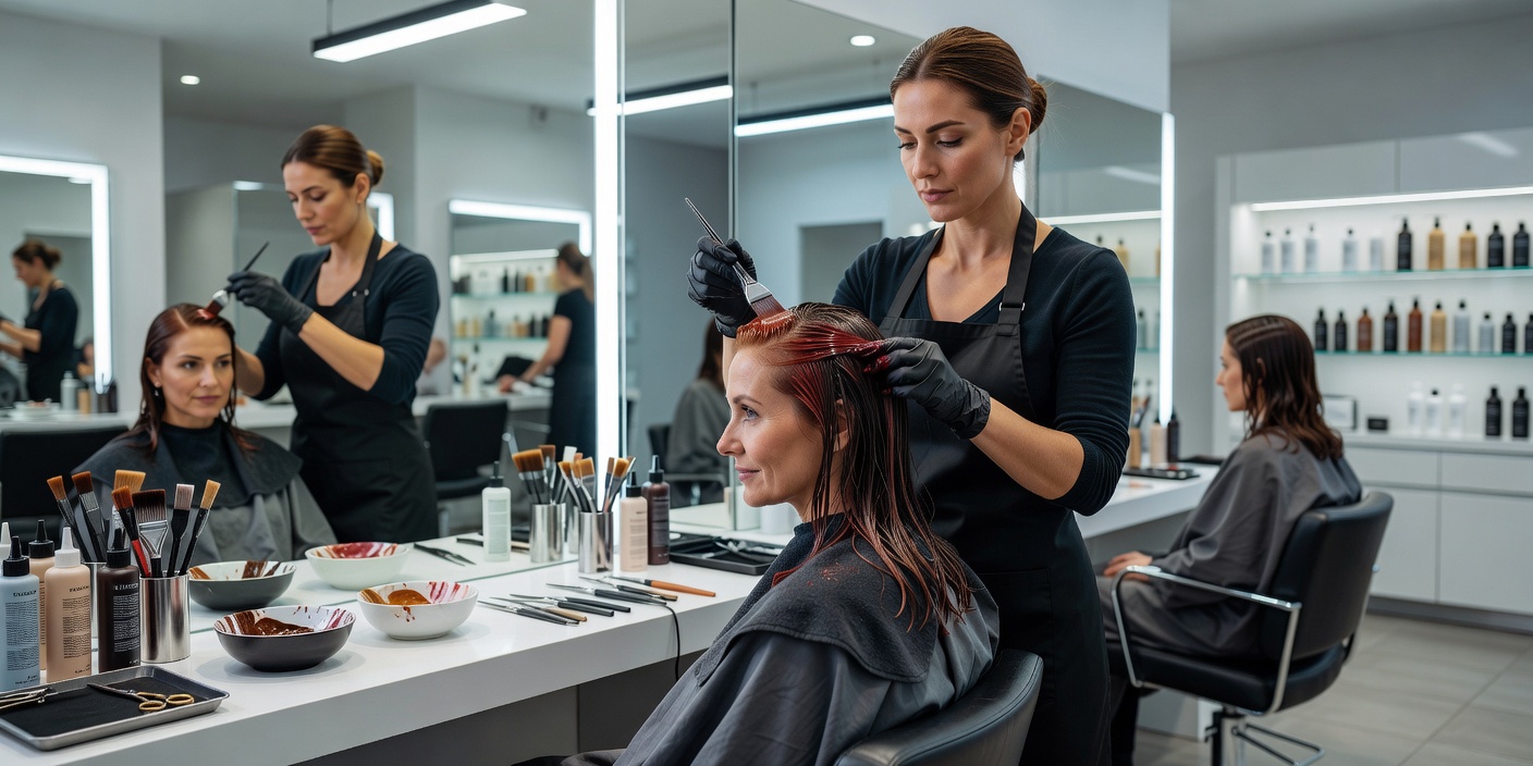 Stylist applying salon hair colour to a client seated at a workstation
