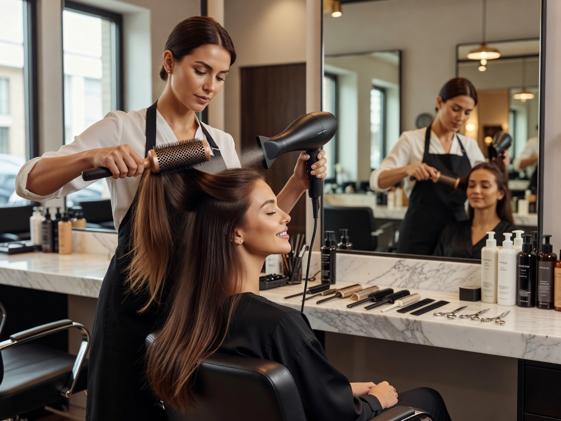 Stylist blow-drying a client's hair at a salon station with round brush and dryer