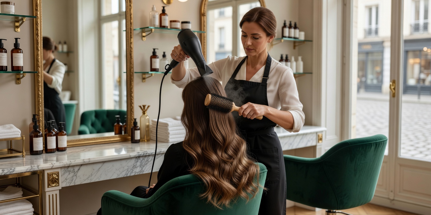 Stylist blow-drying hair with a round brush at a European salon station